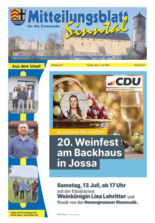 Mitteilungsblatt für die Gemeinde Sinntal Titelblatt 27/2024