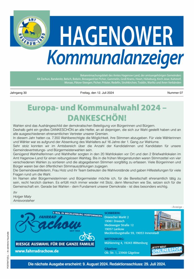 Hagenower Kommunalanzeiger Titelblatt 07/2024