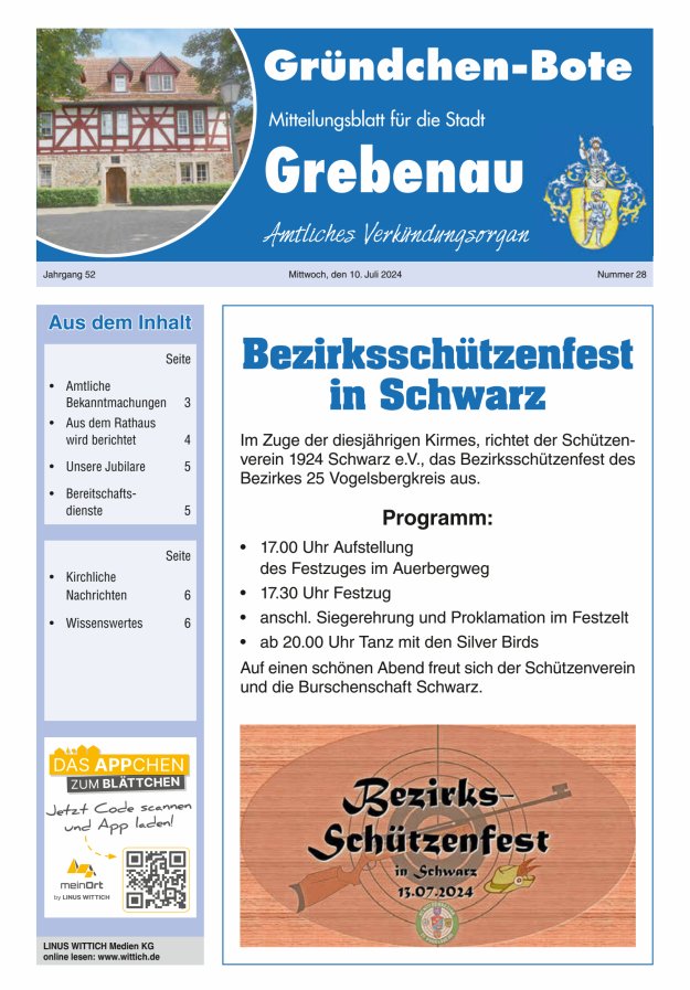 Grebenau - Gründchen Bote - Mitteilungsblatt für die Stadt Grebenau Titelblatt 28/2024