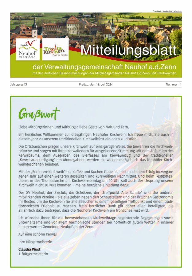 Mitteilungsblatt der Verwaltungsgemeinschaft Neuhof an der Zenn mit den amtlichen Bekanntmachungen der Mitgliedsgemeinden Neuhof an der Zenn und Trautskirchen Titelblatt 14/2024