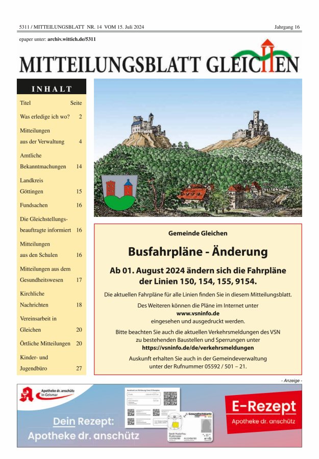 Mitteilungsblatt Gleichen Titelblatt 14/2024