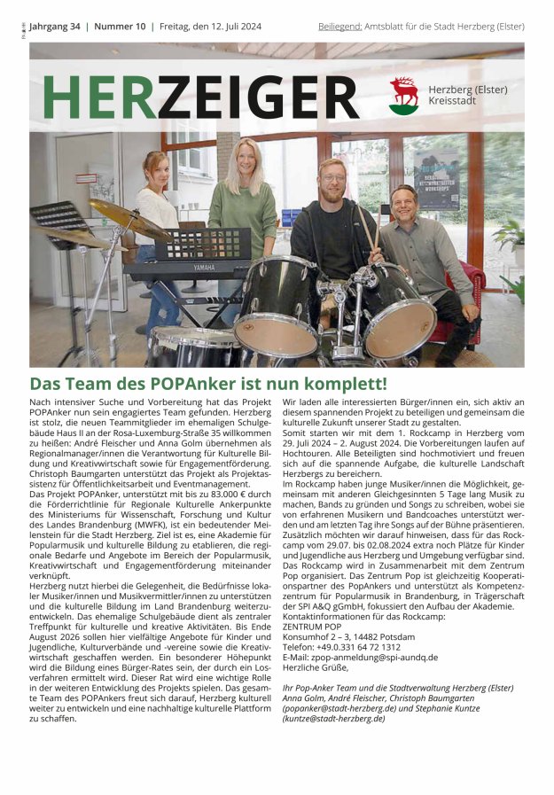 Amtsblatt für die Stadt Herzberg (Elster) mit Bekanntmachungen der Stadt  Titelblatt 10/2024