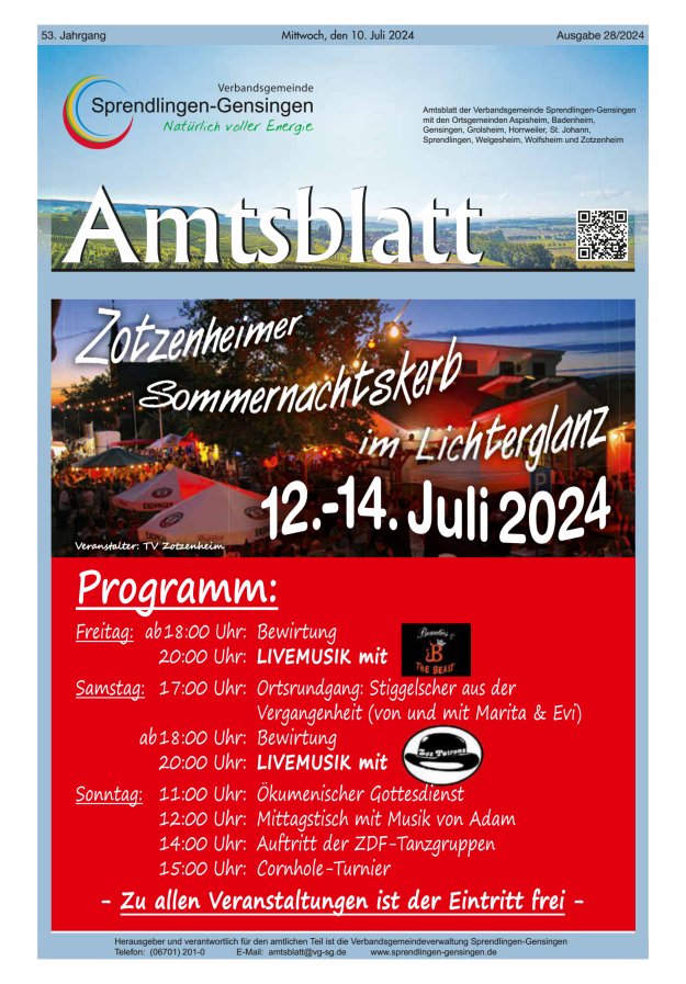 Amtsblatt VG Sprendlingen-Gensingen Titelblatt 28/2024