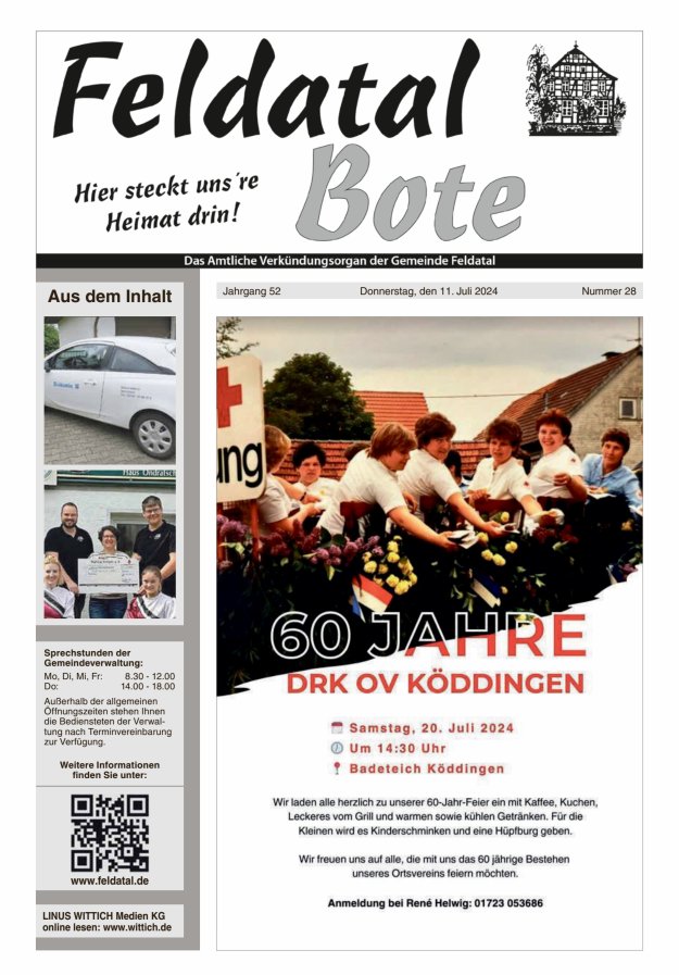 Das Amtliche Verkündungsorgan der Gemeinde Feldatal Titelblatt 28/2024