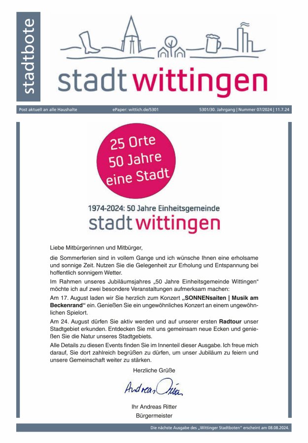 Wittinger Stadtbote Titelblatt 07/2024
