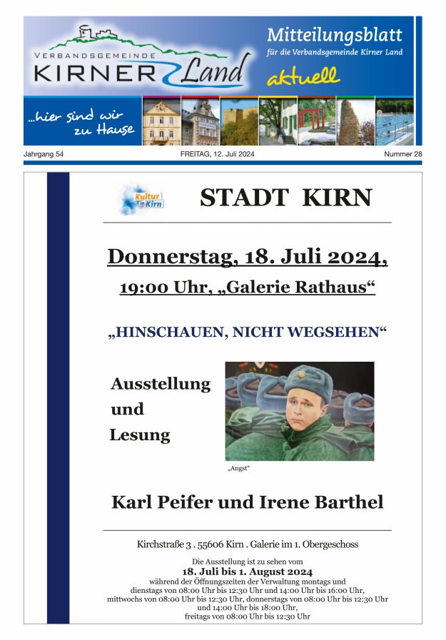 Mitteilungsblatt für den Bereich der Verbandsgemeinde Kirner Land Titelblatt 28/2024