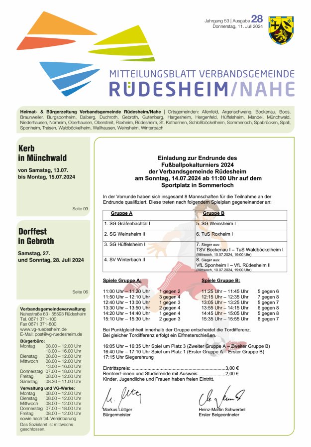 Mitteilungsblatt Verbandsgemeinde Rüdesheim und zugehörige Ortsgemeinden Titelblatt 28/2024