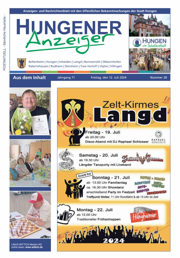 Anzeigen- und Nachrichtenblatt mit den öff  Bekanntmachungen der Stadt Hungen Titelblatt 28/2024