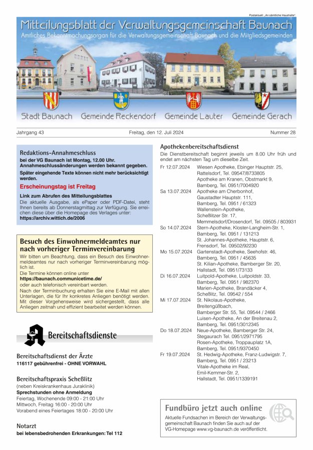 Mitteilungsblatt Verwaltungsgemeinschaft Baunach Titelblatt 28/2024