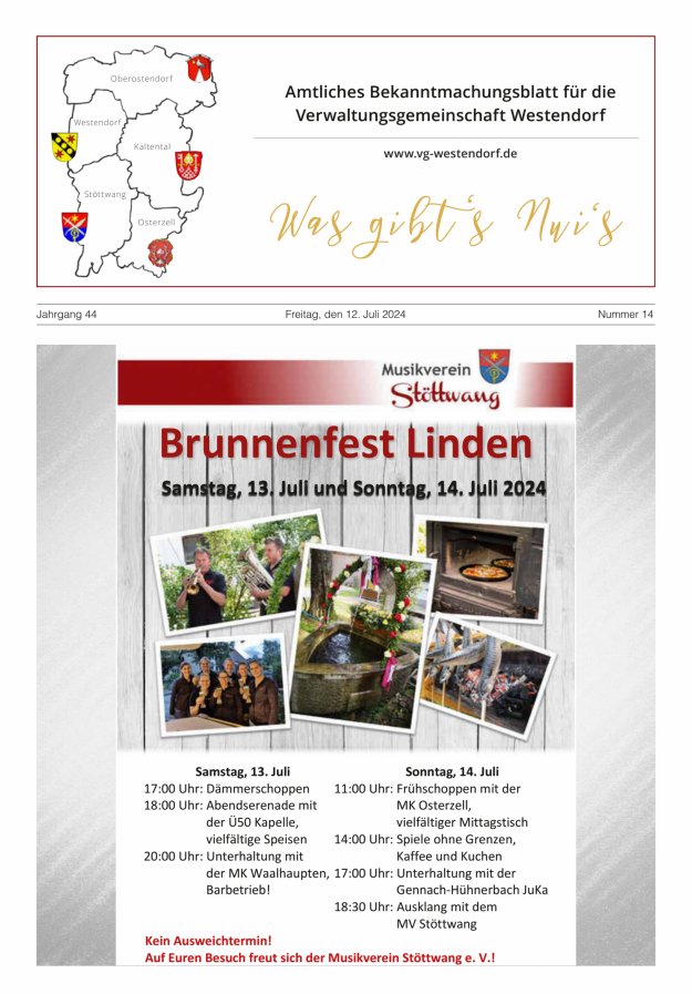 Was gibt's Nui's Amtliches Bekanntmachungsblatt für die VG Westendorf Titelblatt 14/2024