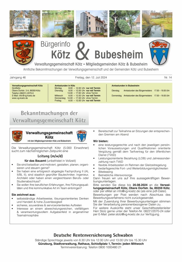 Amtsblatt der VG Kötz und der Mitgliedsgemeinden Titelblatt 14/2024