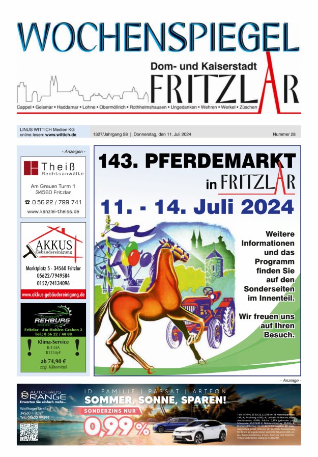 Wochenspiegel Dom- und Kaiserstadt Fritzlar Titelblatt 28/2024