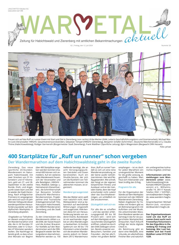 Warmetal aktuell (Habichtswald + Zierenberg) Titelblatt 28/2024