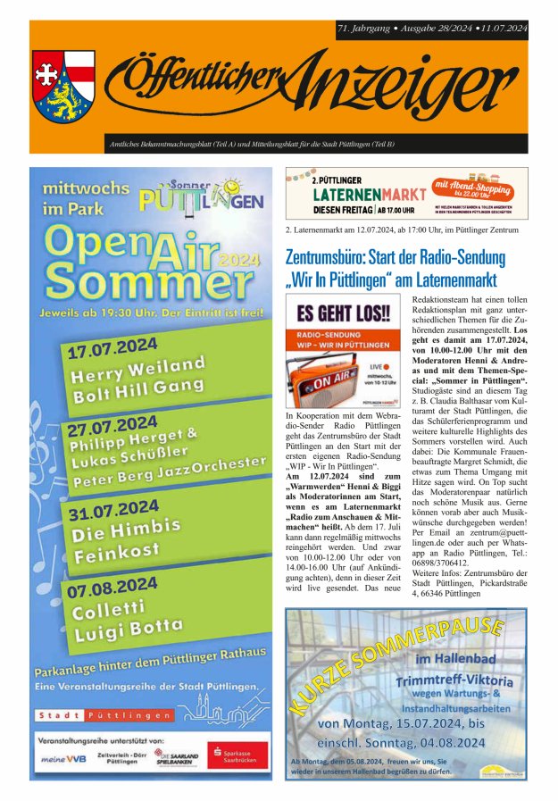 Öffentlicher Anzeiger - Stadt Püttlingen Titelblatt 28/2024
