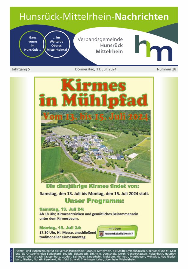 Hunsrück-Mittelrhein Nachrichten Ausgabe St Goar Oberwesel Titelblatt 28/2024