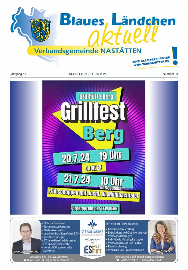 Blaues Ländchen aktuell - Heimat- u Bürgerzeitung VG Nastätten Titelblatt 28/2024