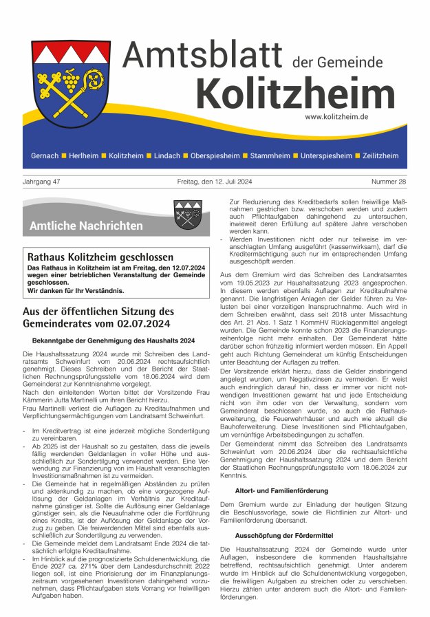 Amtsblatt der Gemeinde Kolitzheim Titelblatt 28/2024