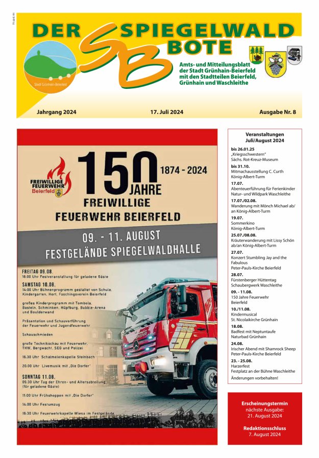 Der Spiegelwaldbote - Amts- und Mitteilungsblatt der Gemeinde Grünhain-Beierfeld  Titelblatt 08/2024