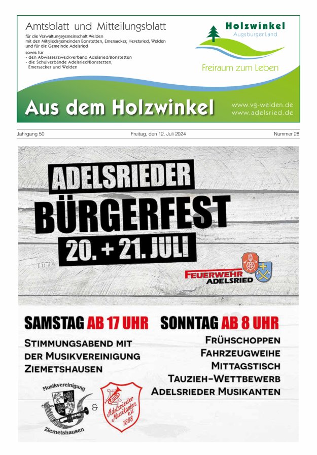 Aus dem Holzwinkel Amtsblatt u Mitteilungsblatt f VG Welden u GemAdelsried Titelblatt 28/2024