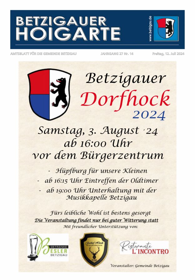 Betzigauer Hoigarte Amtsblatt der Gemeinde Betzigau Titelblatt 14/2024