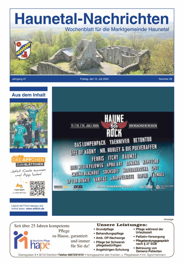 Haunetal-Nachrichten Titelblatt 28/2024