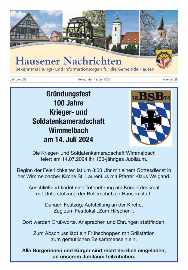 Hausener Nachrichten Titelblatt 28/2024