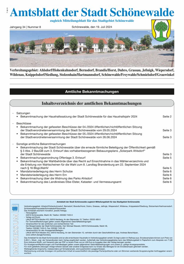 Amtsblatt der Stadt Schönewalde - Mitteilungsblatt für das Stadtgebiet Titelblatt 08/2024