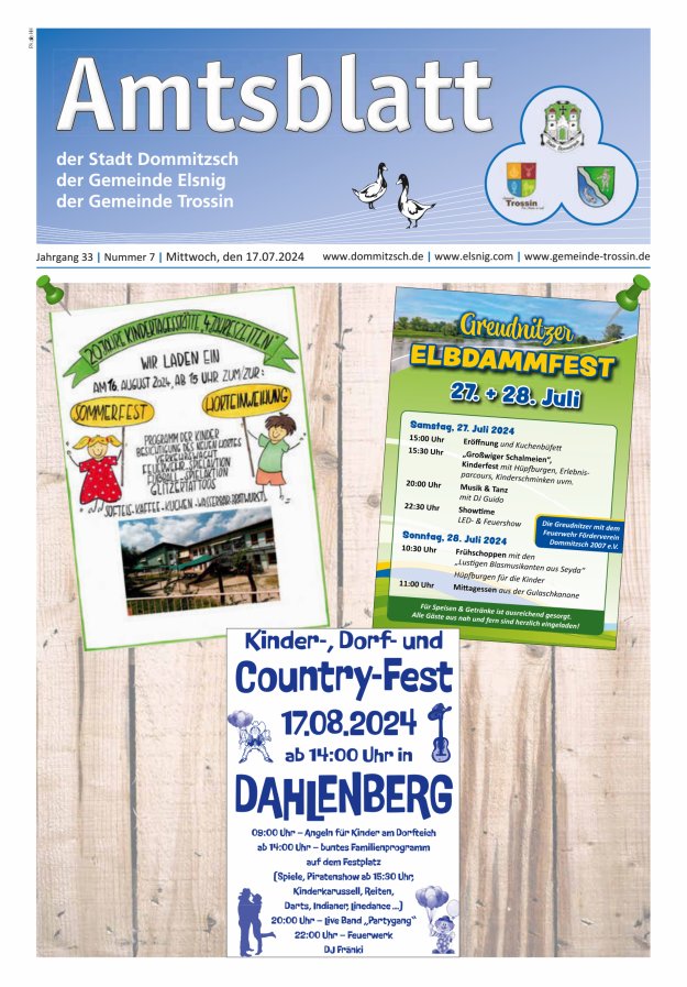 Dommitzsch Info - Amtsblatt der Stadt Dommitzsch der Gemeinden Elsnig und Trossin Titelblatt 07/2024