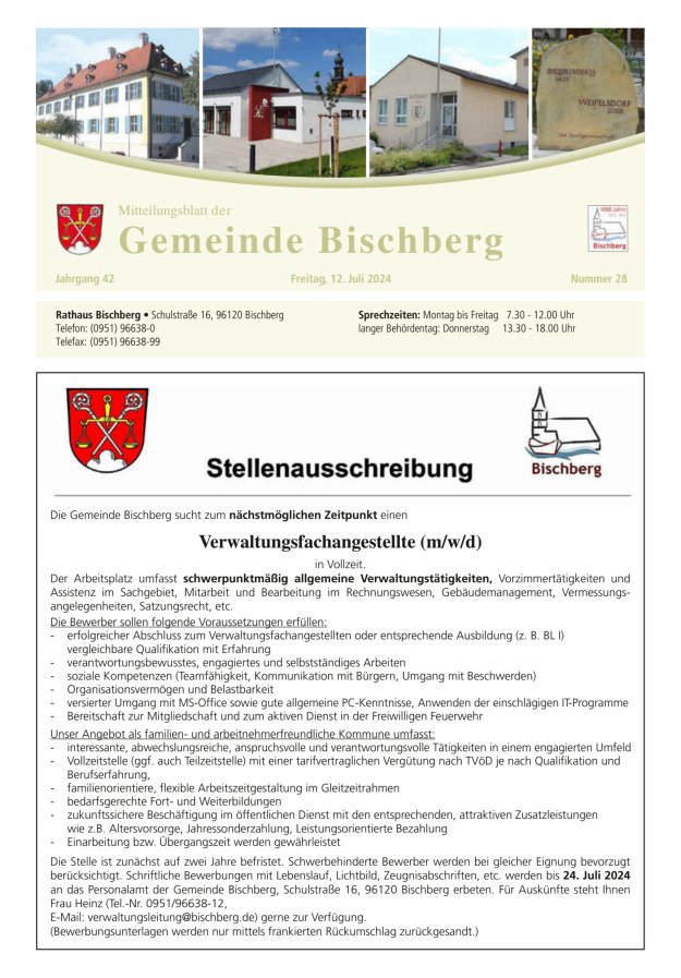 Mitteilungsblatt der Gemeinde Bischberg Titelblatt 28/2024