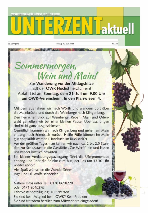 Unterzent aktuell Wochenzeitung für Höchst und Lützelbach Titelblatt 28/2024