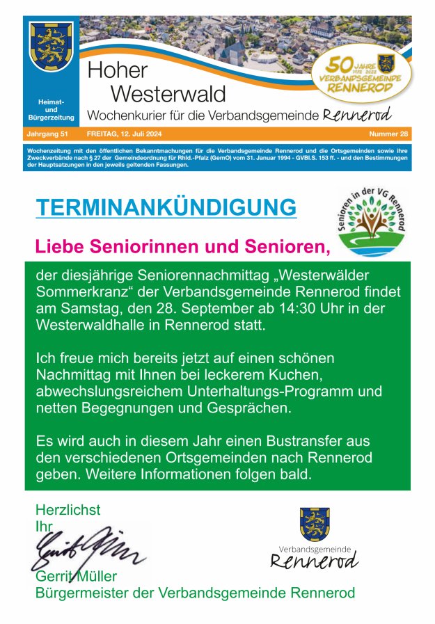 Hoher Westerwald - Wochenkurier für die Verbandsgemeinde Rennerod Titelblatt 28/2024