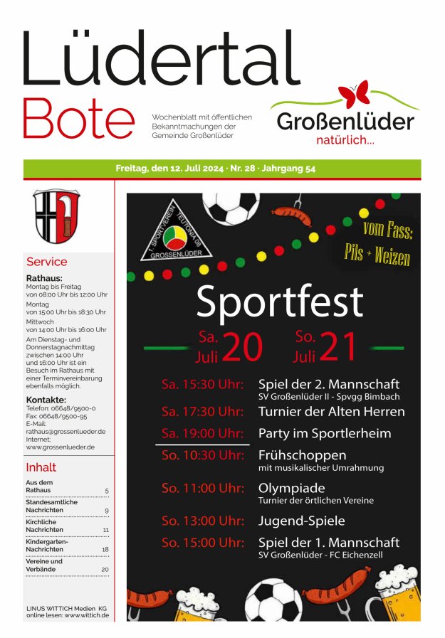 Wochenblatt mit öffentlichen Bekanntmachungen der Gemeinde Großenlüder Titelblatt 28/2024