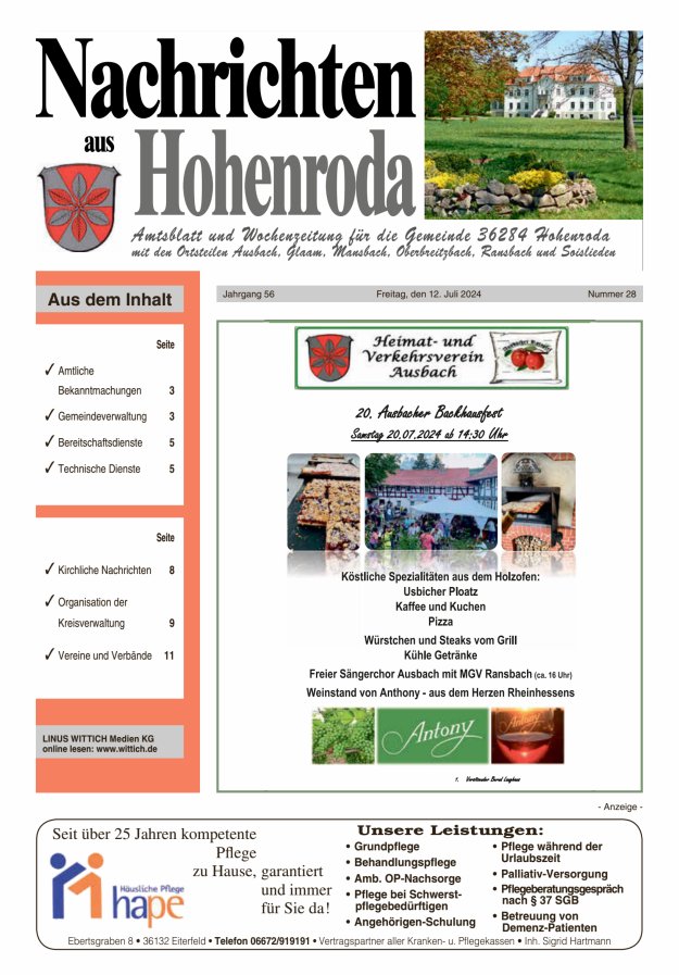 Nachrichten aus Hohenroda Titelblatt 28/2024