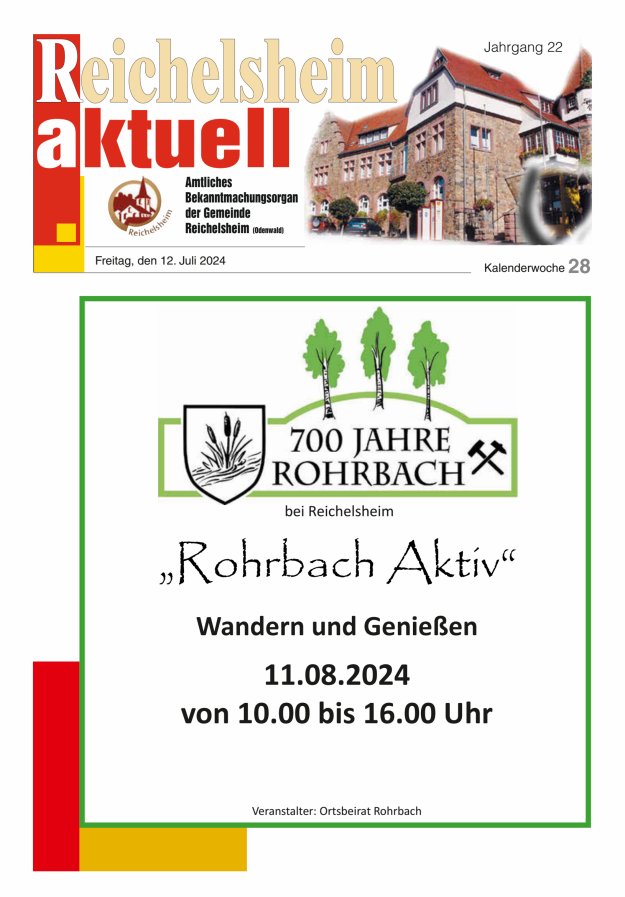 Reichelsheim aktuell - Amtsblatt der Gemeinde Reichelsheim(Odenwald) Titelblatt 28/2024