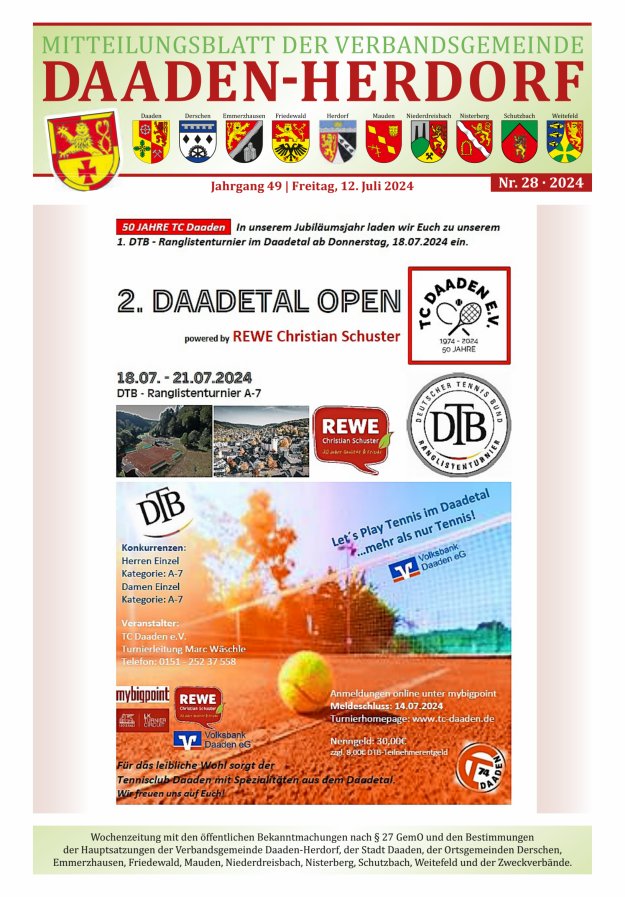 Mitteilungsblatt der Verbandsgemeinde Daaden-Herdorf Titelblatt 28/2024