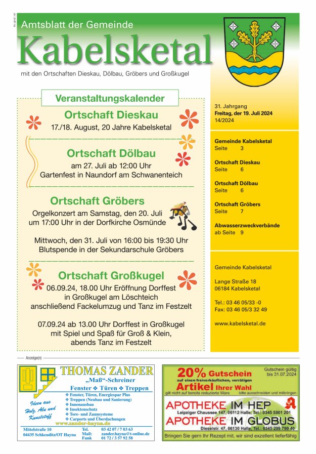 Amtsblatt der Gemeinde Kabelsketal mit den Ortsteilen Titelblatt 14/2024