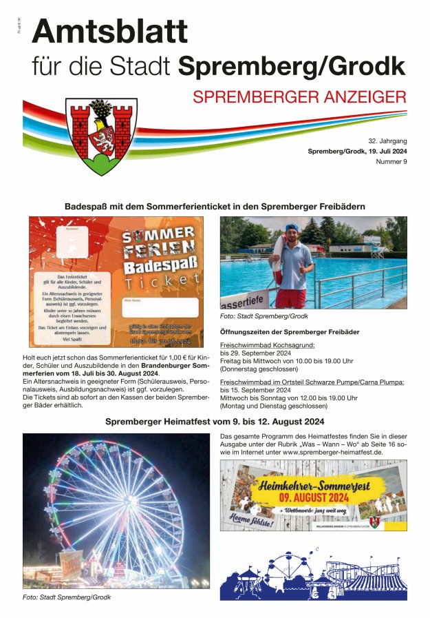 Amtsblatt für die Stadt Spremberg/Grodk – Spremberger Anzeiger Titelblatt 09/2024