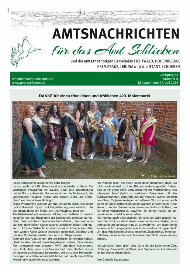 Amtsnachrichten – Amtsblatt für das Amt Schlieben und die amtsangehörigen Gemeinden Titelblatt 08/2024