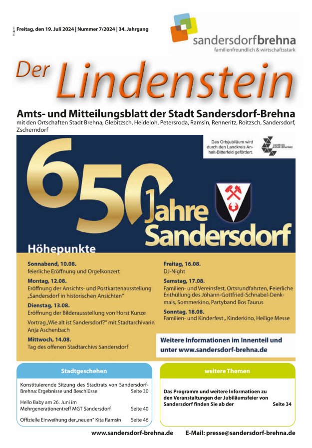 Der Lindenstein Amts- und Mitteilungsblatt der Stadt Sandersdorf-Brehna Titelblatt 07/2024