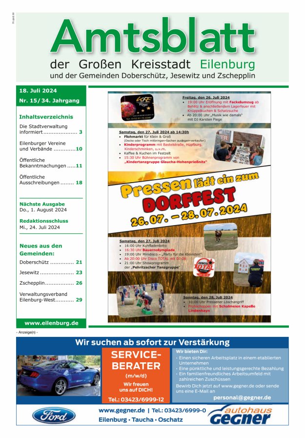 Muldespiegel und Amtsblatt der Großen Kreisstadt Eilenburg und der Gemeinden Titelblatt 15/2024