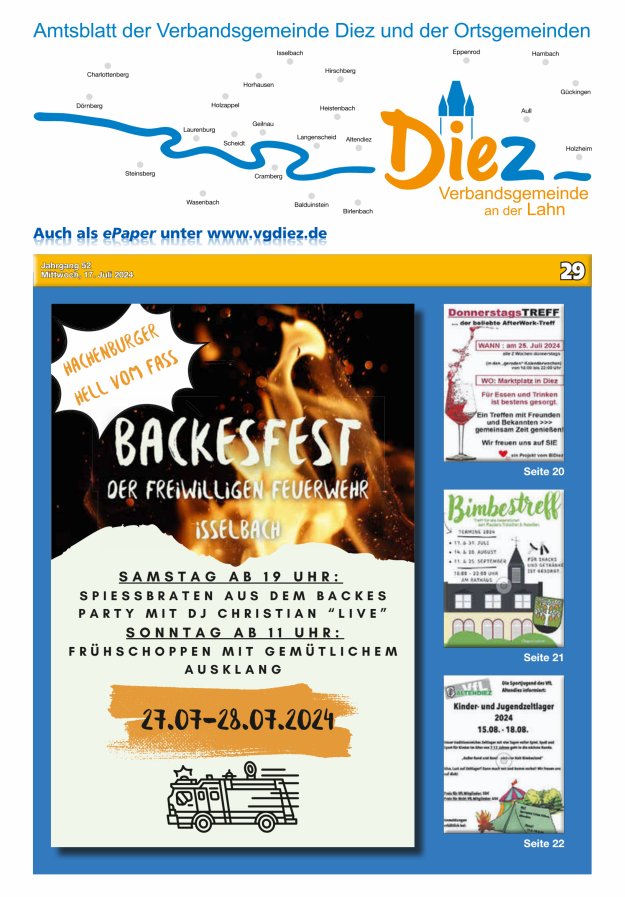 Mitteilungsblatt der Verbandsgemeinde Diez und der Ortsgemeinden Titelblatt 29/2024