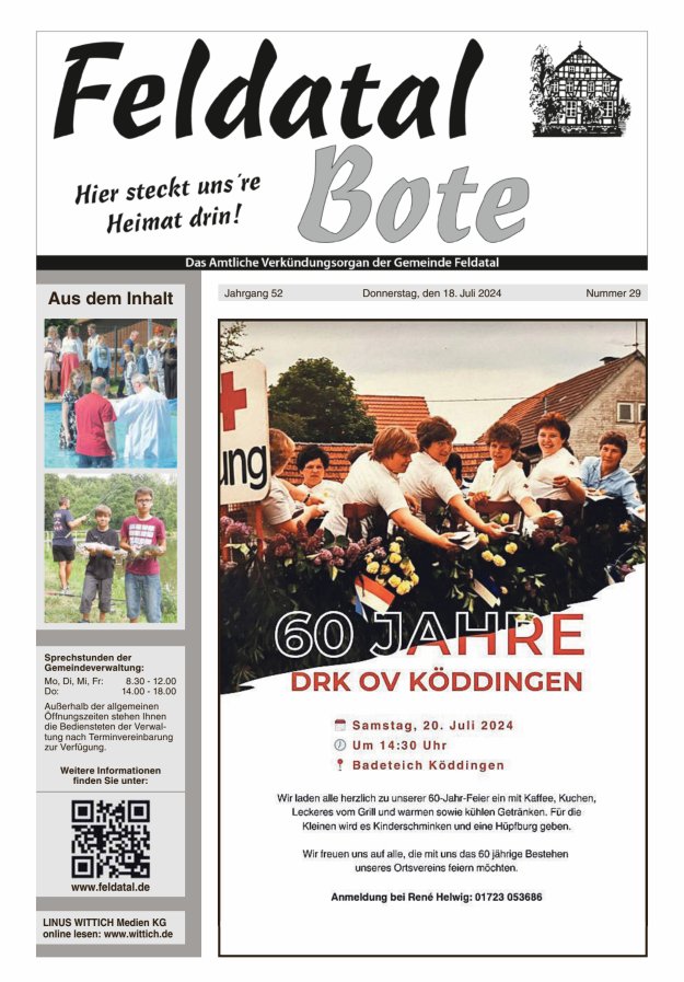 Das Amtliche Verkündungsorgan der Gemeinde Feldatal Titelblatt 29/2024