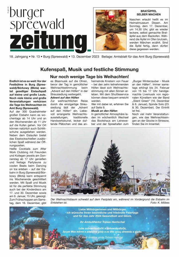 Burger Spreewald Zeitung - Amtsblatt für das Amt Burg (Spreewald) Titelblatt 13/2023