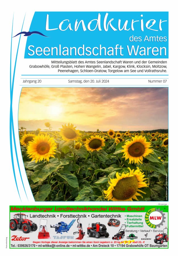 Landkurier des Amtes Seenlandschaft Waren Titelblatt 07/2024