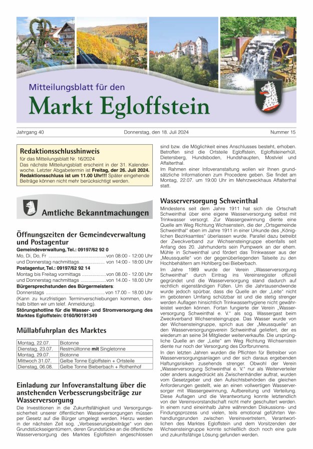 Mitteilungsblatt für den Markt Egloffstein Titelblatt 15/2024