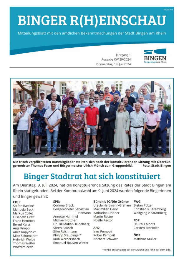 Binger R(h)einschau - Mitteilungsblatt mit den Amtlichen Bekanntmachungen der Stadt Bingen Titelblatt 03/2024