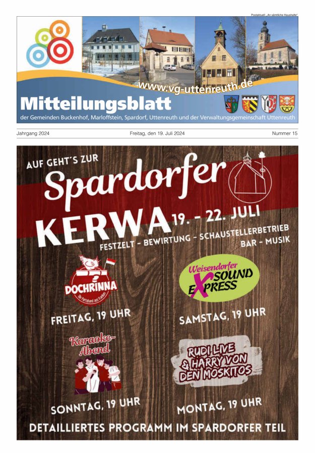 Mitteilungsblatt der Verwaltungsgemeinschaft Uttenreuth Titelblatt 15/2024