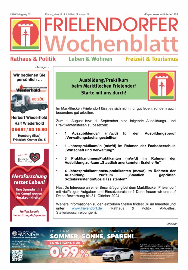Frielendorfer Wochenblatt Titelblatt 29/2024