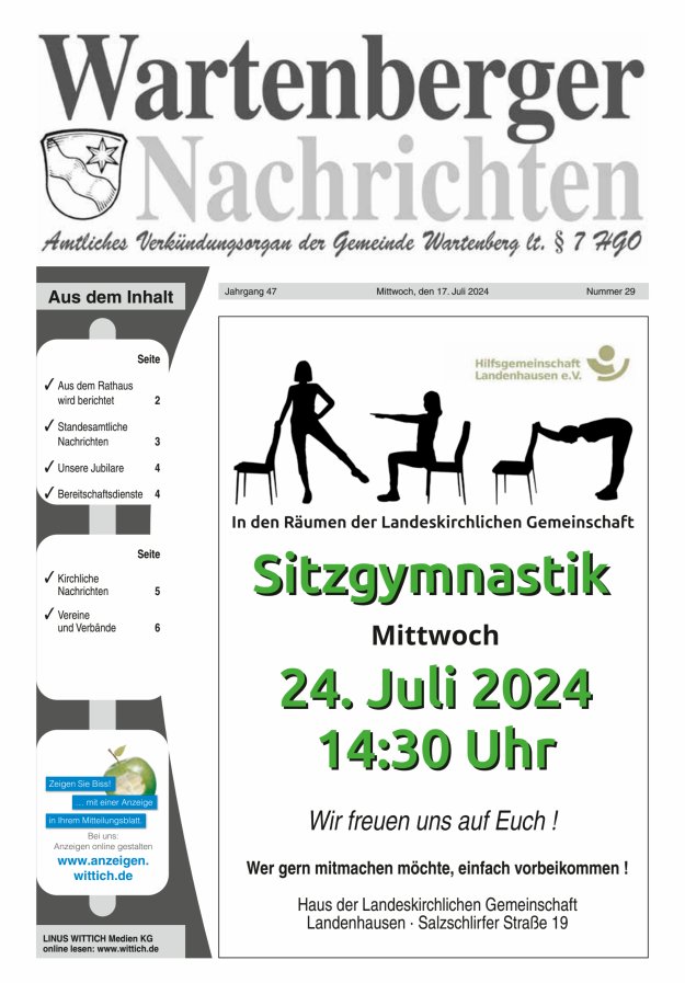 Wartenberger Nachrichten Titelblatt 29/2024