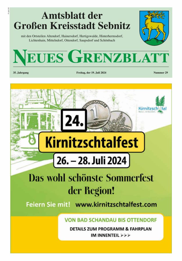Amtsblatt der Großen Kreisstadt Sebnitz mit den Ortsteilen Titelblatt 29/2024